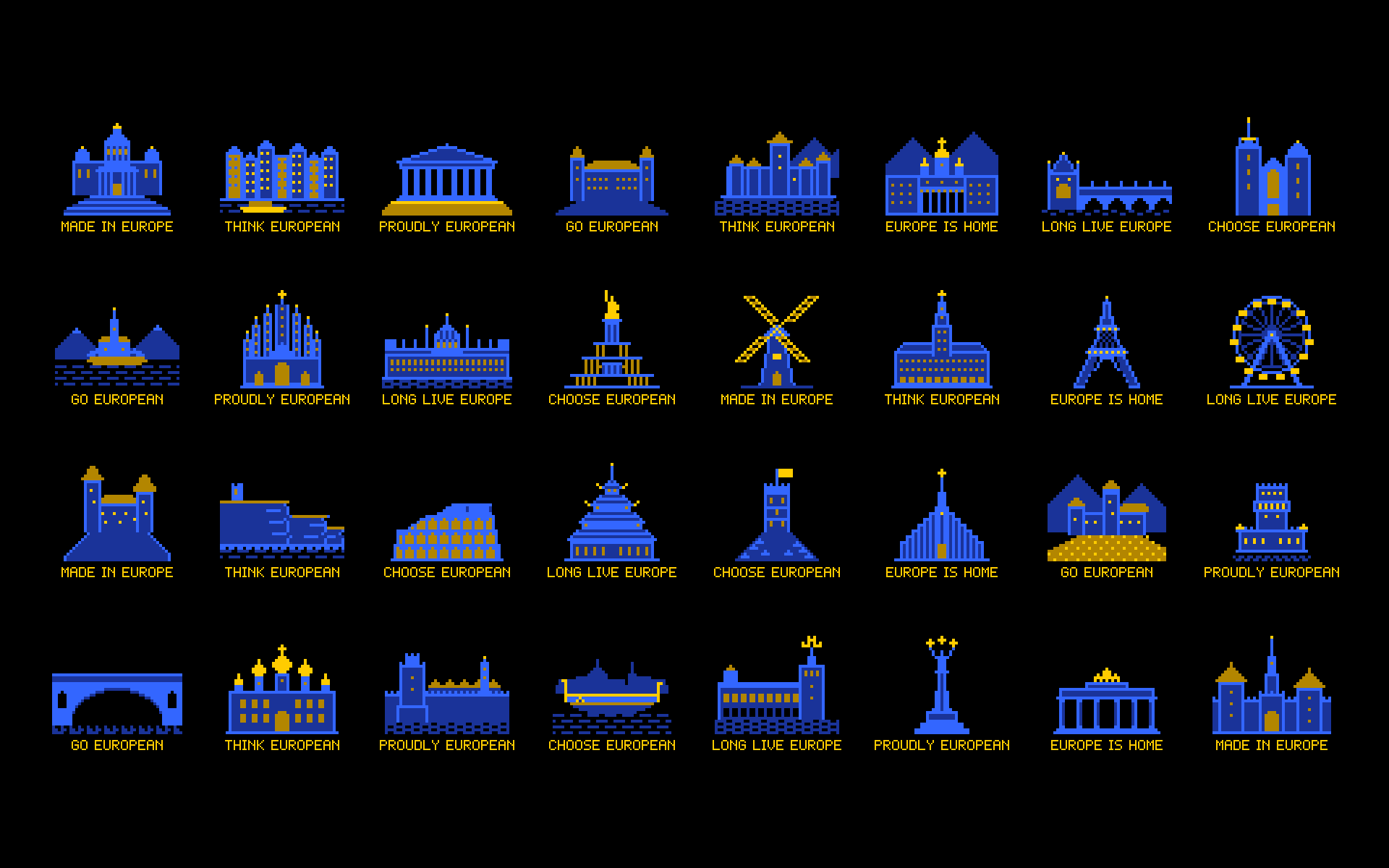 All buildings: 32 pixel-art wallpapers on black