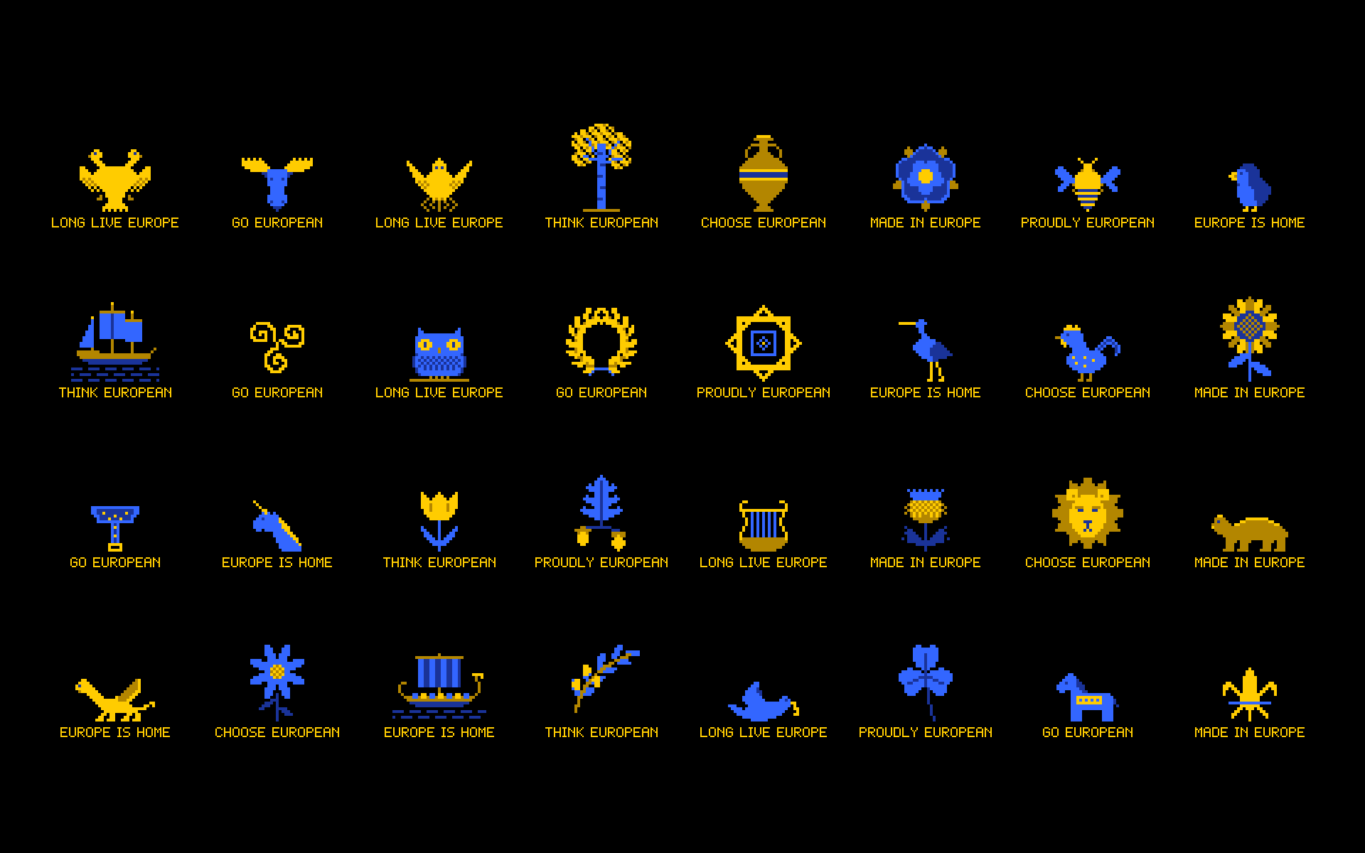 All symbols: 32 pixel-art wallpapers on black