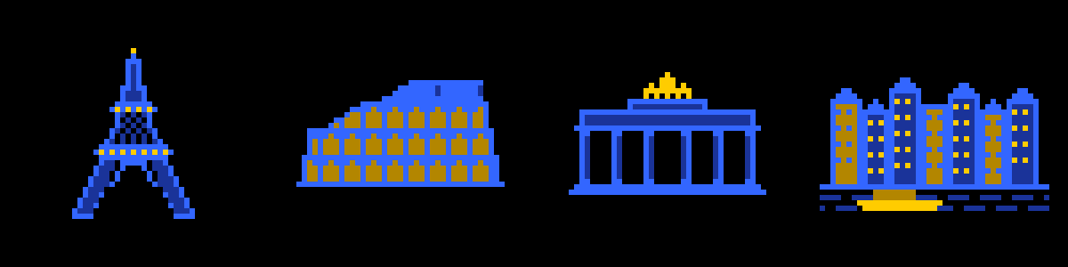 Four of the buildings, in pixel art on black