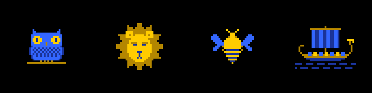 Four of the symbols, in pixel art on black