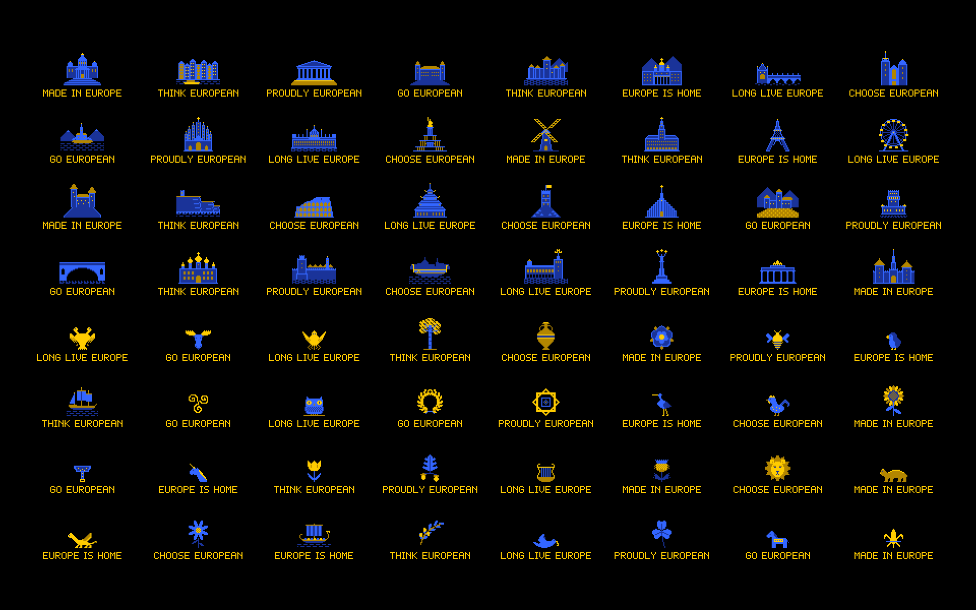 Everything: 64 pixel-art wallpapers on black
